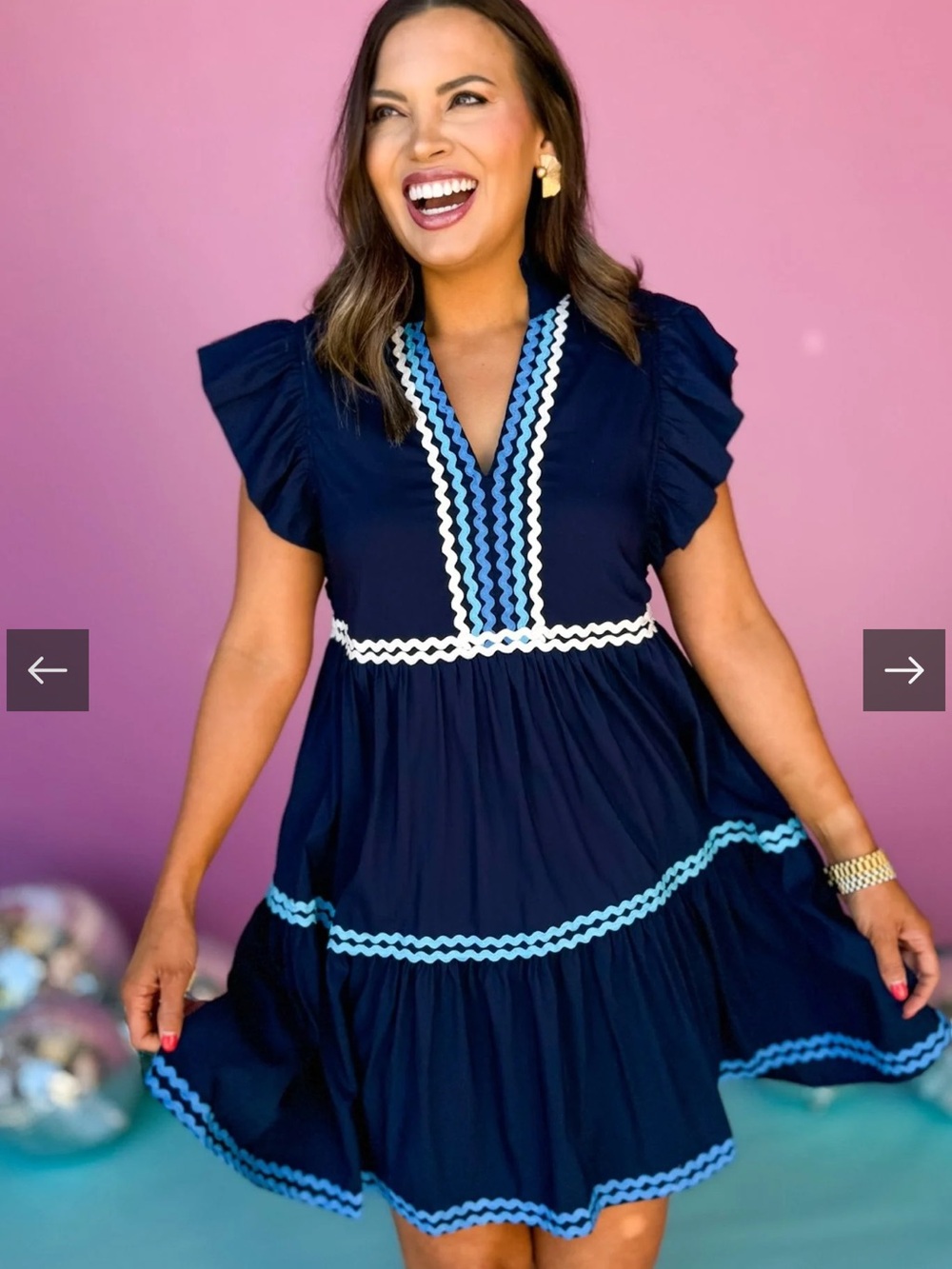 entro Navy Ruffle V-Neck Mini Dress with White & Light Blue Trim